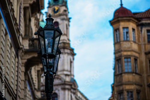 Beautiful old signs and street lights in the beautiful streets of Prague.