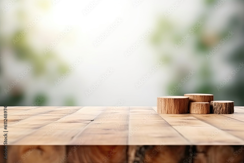 Wood table top on white blurred background, for montage your products, Generative AI