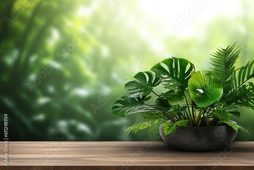 Wood table green wall background with sunlight window create leaf shadow on wall with blur indoor green plant foreground. Panoramic banner mockup  Generative AI