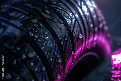 macro view of car tires in a rainy urban setting, reflecting the neon lights and cityscape on their wet surface, showcasing the intricate texture of the rubber, while droplets cascade down