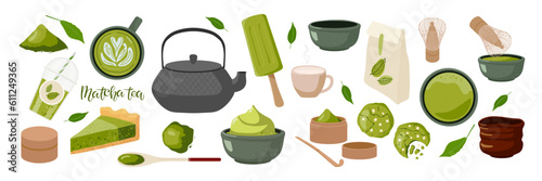 Green Matcha Tea set. Ice cream, pie, cookies, Green powder, spoon, leaves. Flat vector isolated. Culinary course poster, culinary school, recipe, cafe, restaurant. Green tea flavor, Japanese food.