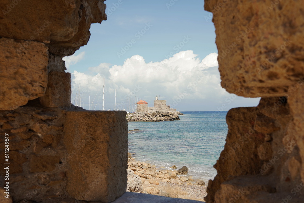 A  view of the Fort of St Nicholas at Rhodes town from St Pauls Gate. The fort is closed to tourists and is used as a lighthouse