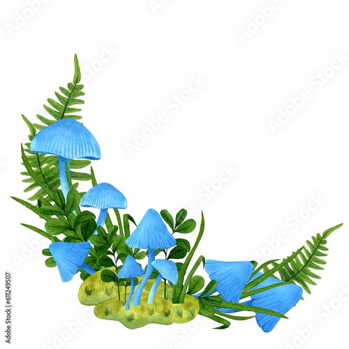 Frame from blue mushrooms growing side by side in moss with grass and ferns. Watercolor hand drawn illustration on white background. Template for the design banner, cards, flyers, children's interior.