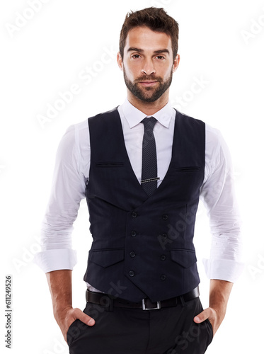 Portrait, fashion and business man standing isolated on a transparent png background. Serious, confidence and handsome model and professional from Canada in stylish, trendy or classy clothes.