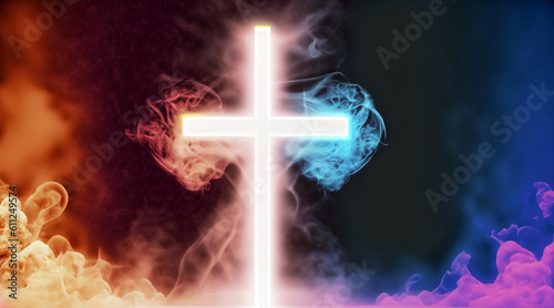 3d rendering holy cross with smoke and neon glowing effect
