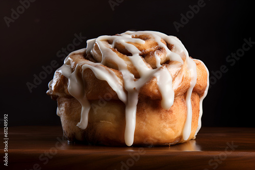 Close-up freshly baked cinnabon roll with sweet glaze flowing down. Generated AI
