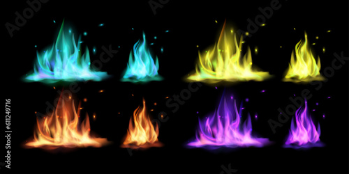 Red, orange, yellow, purple and blue fire flame realistic set. Fire flames burning, natural gas burning and igniting red and blue fire. Vector illustration.