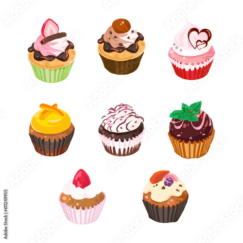 Set cupcakes on a white background. Hand drawn watercolor vector illustration
