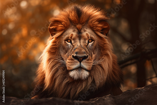 Portrait of a big male lion on the background of the forest