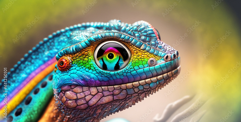 a close up view of a lizard eye with a rainbow colored eye
