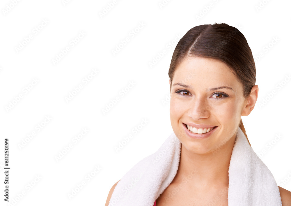 Woman, portrait and smile with towel after training and workout isolated on a transparent, png background. Wellness, happy smile and young female model face with confidence from exercise and fitness Woman, portrait and smile with towel after training and workout isolated on a transparent, png background. Wellness, happy smile and young female model face with confidence from exercise and fitness