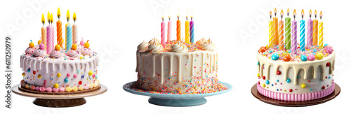Collection of birthday cakes with lit candles on white background. Generative AI