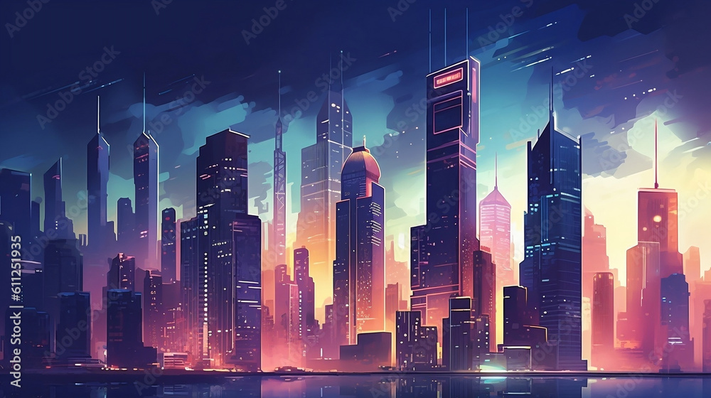 Futuristic Retro Style Sky Scrapers at Night Time, illustration. Generative Ai