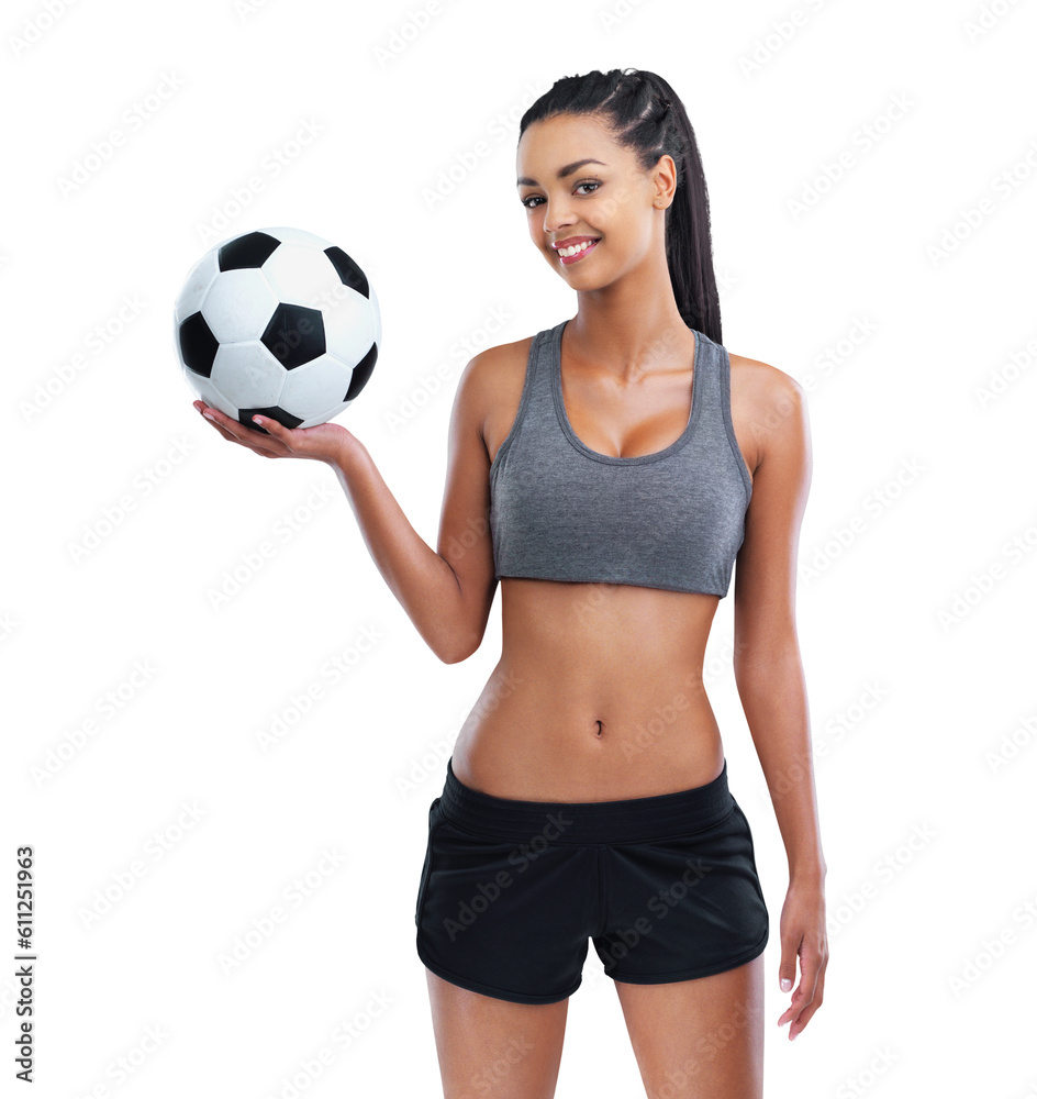 Sports, soccer ball and portrait of happy woman with healthy lifestyle on isolated, transparent and png background. Training, face and female football player smile for fitness, exercise or workout Sports, soccer ball and portrait of happy woman with healthy lifestyle on isolated, transparent and png background. Training, face and female football player smile for fitness, exercise or workout