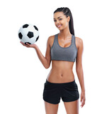 Sports, soccer ball and portrait of happy woman with healthy lifestyle on isolated, transparent and png background. Training, face and female football player smile for fitness, exercise or workout