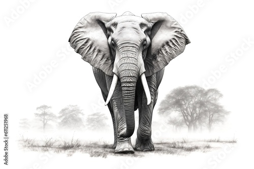 Realistic Computer Drawing of an Elephant Isolated on a White Background. Generative AI