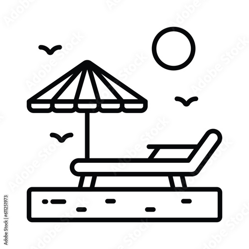 An icon of sunbed represents tanning or relaxation in the sun, premium vector design