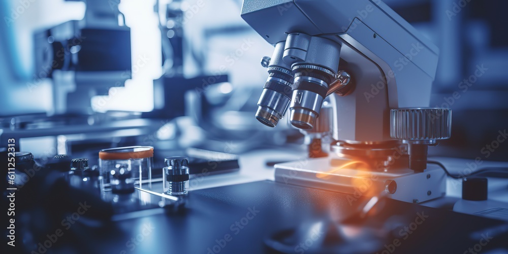 AI Generated. AI Generative. Macro shot illustration photo of optical microscope. Laboratory medicine biology research innovation. Graphic Art AI Generated. AI Generative. Macro shot illustration photo of optical microscope. Laboratory medicine biology research innovation. Graphic Art