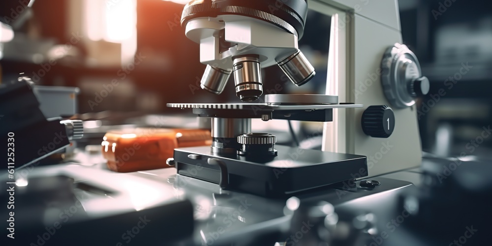 AI Generated. AI Generative. Macro shot illustration photo of optical microscope. Laboratory medicine biology research innovation. Graphic Art AI Generated. AI Generative. Macro shot illustration photo of optical microscope. Laboratory medicine biology research innovation. Graphic Art