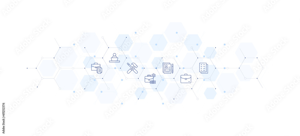 Work banner vector illustration. Style of icon between. Containing work, tools, working at home, working conditions, resume, suitcase, checklist.
