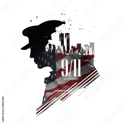 Vector patriot day illustration. We will newer forget 9\11. Vector patriotic illustration with american flag and silhouette of police officer