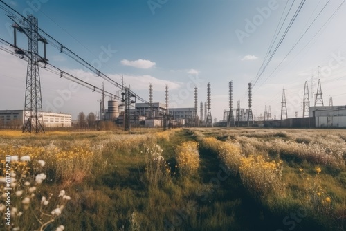 Industrial landscape with high voltage power lines and yellow flowers. Toned. Ecological electrical power plants all in one frame, AI Generated © Iftikhar alam