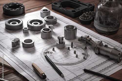 car parts on a wooden table with blueprint and tools, close up, Engineering and technician drawings and designs on table, AI Generated