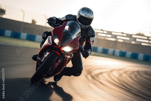 Motorcycle rider on sport bike rides fast on race track at sunset. Extreme athlete Sport Motorcycles Racing, AI Generated