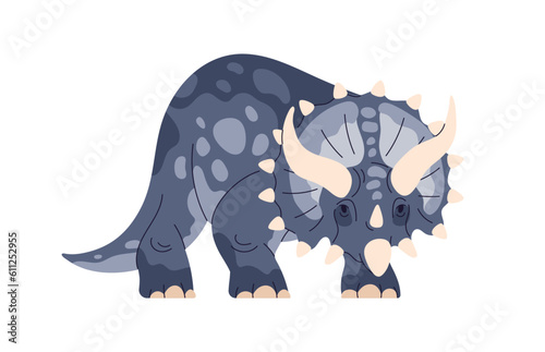 Triceratops, prehistoric reptile. Large dinosaur. Extinct animal of prehistory Jurassic period. Big massive dino with horns. Ancient creature. Flat vector illustration isolated on white background