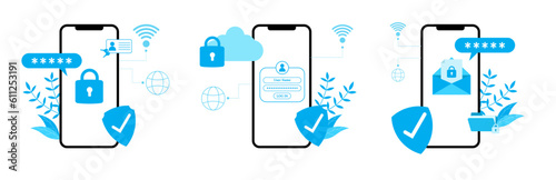 cyber security illustration on smartphone flat design blue color protected password and personal information on internet