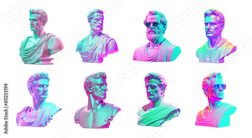 Collection of Greek statues in neoclassical style, statues in bright futuristic style, isolated on transparent background. Generative AI