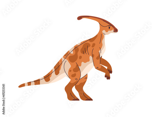 Parasaurolophus  prehistoric ancient dino. Extinct dinosaur with tail and crest  side view. Prehistory reptile animal of Jurassic period. Flat vector illustration isolated on white background