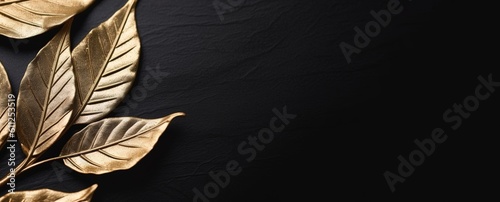 Gold leaves on black background, luxury card, greetings, business. Generative Ai