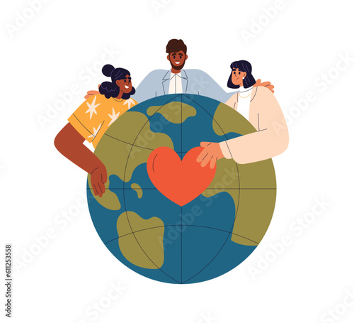 Volunteers community, unity with love to Earth planet. World nonprofit organization, international donation, solidarity and care concept. Flat graphic vector illustration isolated on white background