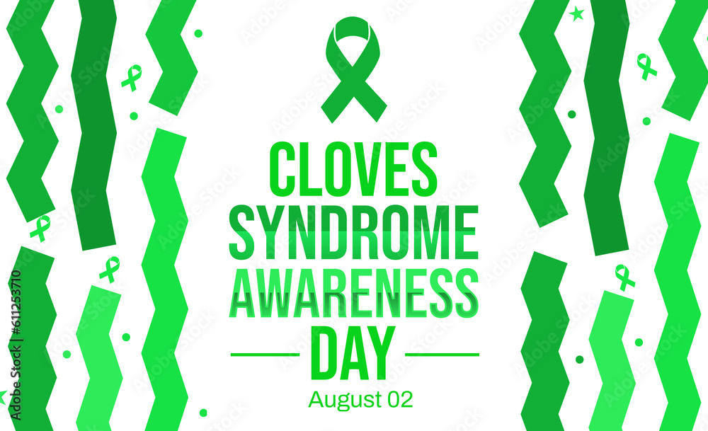 Cloves syndrome awareness day backdrop design with green ribbon and typography. August 2 is Cloves syndrome awareness day
