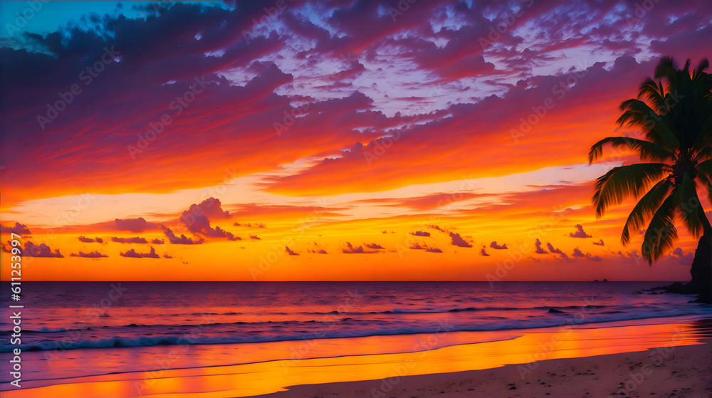 Sunset Over a Tropical Beach. Generative AI