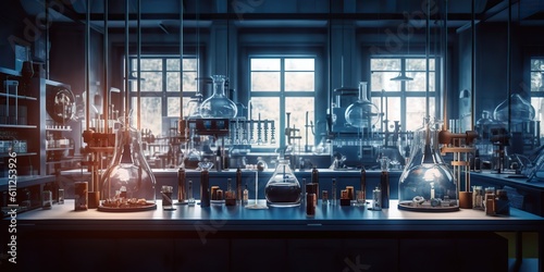 AI Generated. AI Generative. Photo illustration of medicine chemistry research laboratory. Glassware, microscope and many toold equipment. Graphic Art