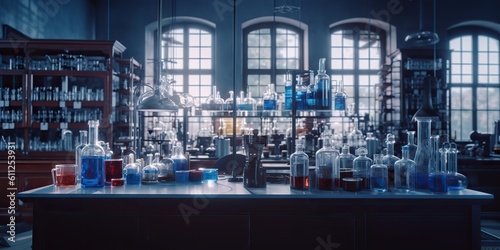 AI Generated. AI Generative. Photo illustration of medicine chemistry research laboratory. Glassware, microscope and many toold equipment. Graphic Art