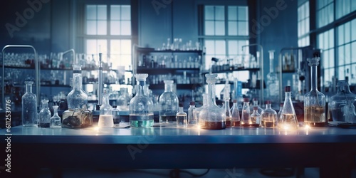 AI Generated. AI Generative. Photo illustration of medicine chemistry research laboratory. Glassware  microscope and many toold equipment. Graphic Art