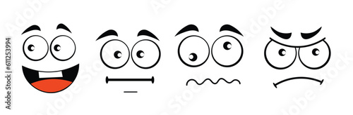 Hand drawn Emotional happy Cartoon Faces, Vector Outline Illustrations. Various character expressions. Black and white. Useful for any kind of advertising in web and print.