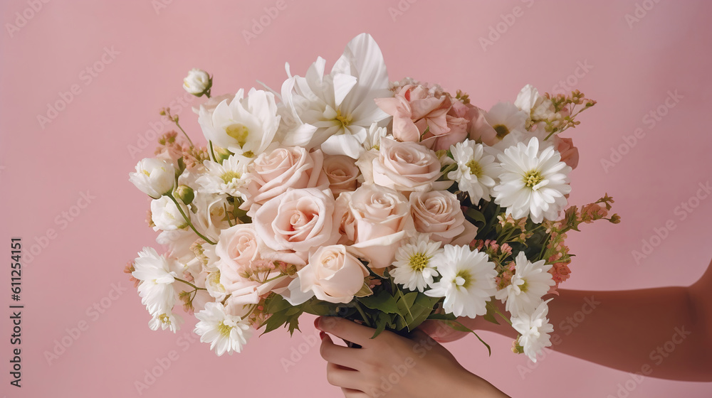 woman holding a bouquet of pink and white flowers. Generative Ai