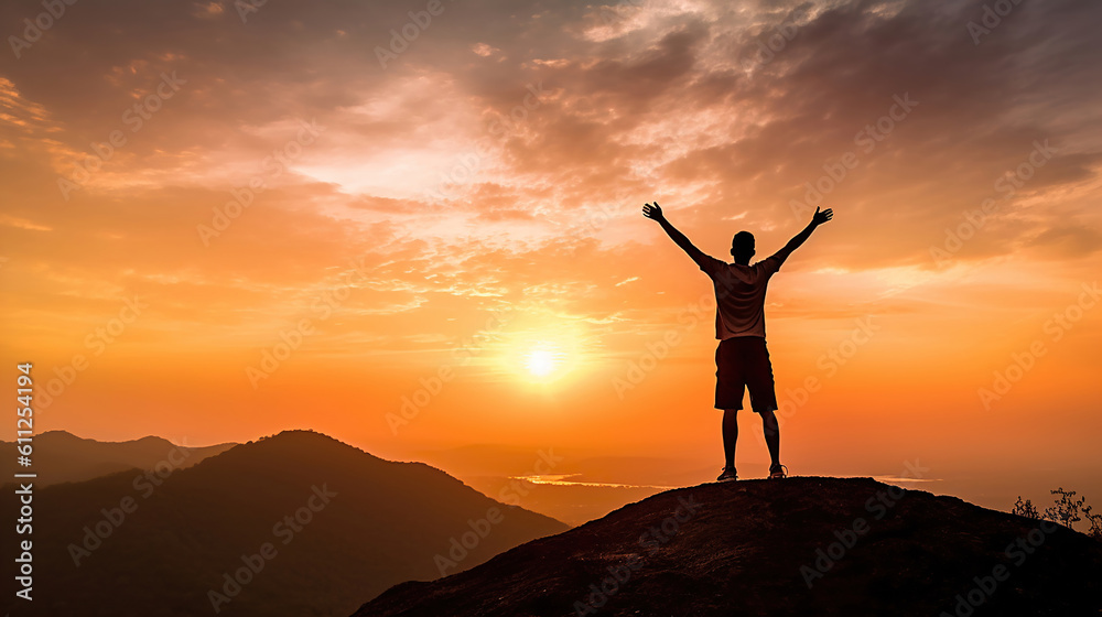 Silhouette of Man Celebration Success Happiness on a mountain top Evening Sky Sunset Background. Generative Ai
