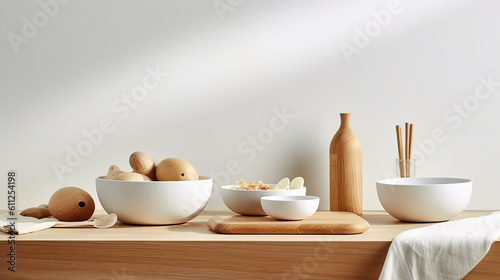Wallpaper Mural Kitchen accessories in white wooden table and white background and white tableware with salt in wooden bowl. Generative Ai Torontodigital.ca