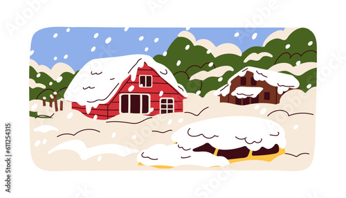 Snowfall, heavy snowy precipitation. Winter landscape in cold weather, houses...