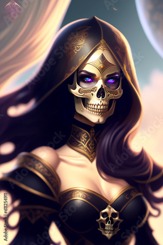 Fantasy female necromancer with skull face with natural light