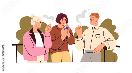 People smoking cigarettes, talking. Colleagues, office workers smokers during smoke break. Men, women friends with bad habit, tobacco addiction. Flat vector illustration isolated on white background