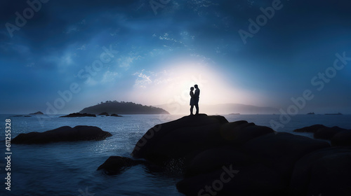 Happy couple standing on top of a rock and embrace each other. Generative Ai