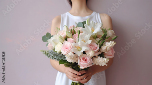 woman holding a bouquet of pink and white flowers. Generative Ai
