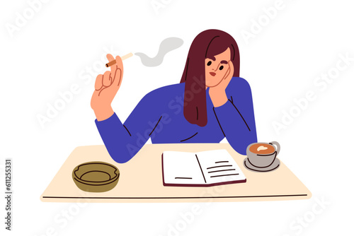 Woman smoker, reading book, smoking cigarette. Nicotine-addicted girl relaxing with coffee cup, ashtray and tobacco at leisure in morning. Flat vector illustration isolated on white background