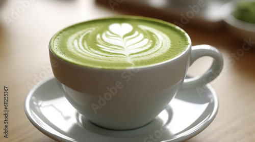 Matcha latte cup closeup background blurred. Generative Ai